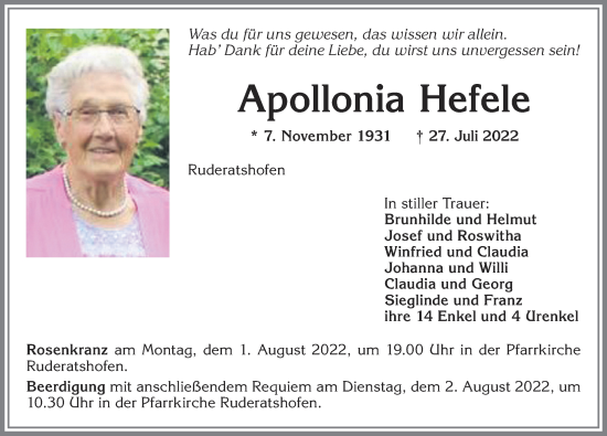 Traueranzeige von Apollonia Hefele von Allgäuer Zeitung, Marktoberdorf