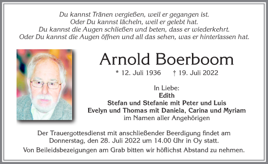Traueranzeige von Arnold Boerboom von Allgäuer Zeitung, Füssen