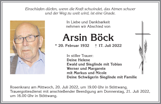 Traueranzeige von Arsin Böck von Allgäuer Zeitung, Kaufbeuren/Buchloe