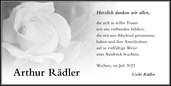 Traueranzeige von Arthur Rädler von Der Westallgäuer