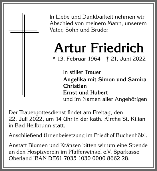 Traueranzeige von Artur Friedrich von Allgäuer Zeitung,Kempten