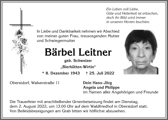 Traueranzeige von Bärbel Leitner von Allgäuer Anzeigeblatt