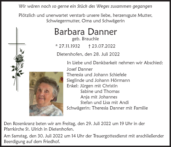 Traueranzeige von Barbara Danner von Memminger Zeitung