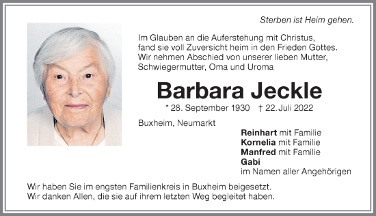 Traueranzeige von Barbara Jeckle von Memminger Zeitung
