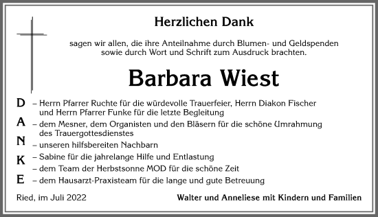 Traueranzeige von Barbara Wiest von Allgäuer Zeitung, Marktoberdorf