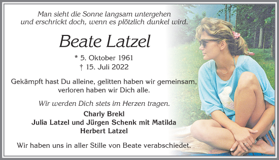 Traueranzeige von Beate Latzel von Allgäuer Zeitung, Füssen