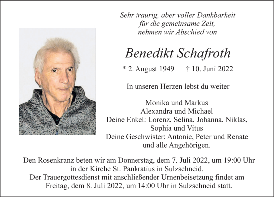 Traueranzeige von Benedikt Schafroth von Allgäuer Zeitung, Marktoberdorf
