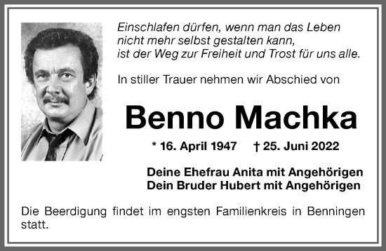 Traueranzeige von Benno Machka von Memminger Zeitung