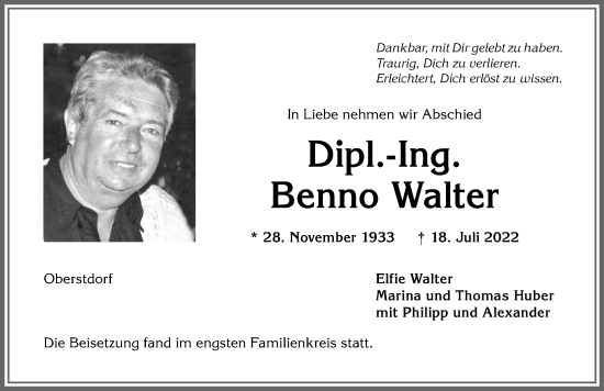 Traueranzeige von Benno Walter von Allgäuer Anzeigeblatt