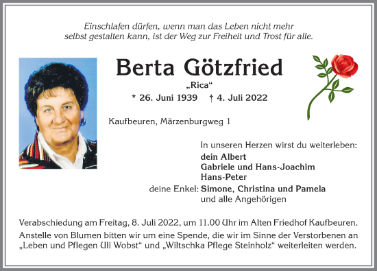 Traueranzeige von Berta Götzfried von Allgäuer Zeitung, Kaufbeuren/Buchloe