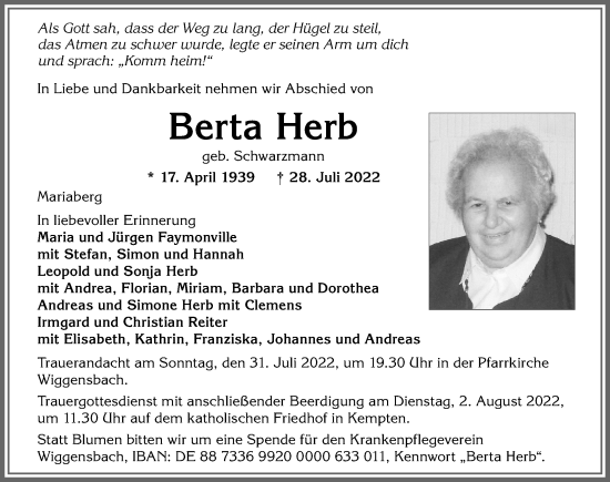 Traueranzeige von Berta Herb von Allgäuer Zeitung,Kempten
