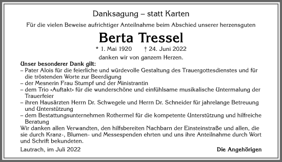Traueranzeige von Berta Tressel von Memminger Zeitung