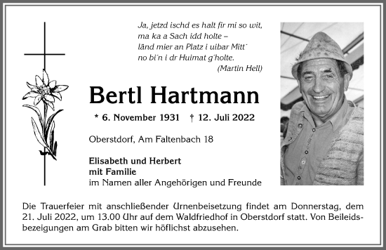 Traueranzeige von Bertl Hartmann von Allgäuer Anzeigeblatt