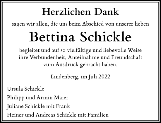 Traueranzeige von Bettina Schickle von Der Westallgäuer