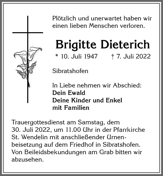 Traueranzeige von Brigitte Dieterich von Allgäuer Zeitung,Kempten