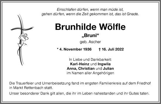 Traueranzeige von Brunhilde Wölfle von Memminger Zeitung