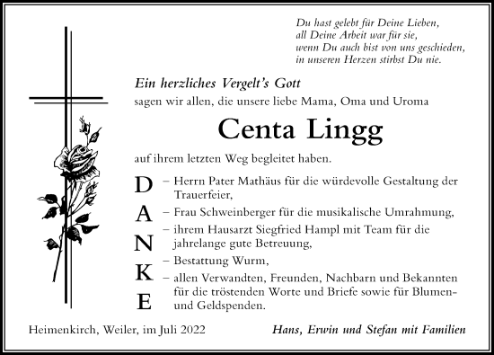 Traueranzeige von Centa Lingg von Der Westallgäuer