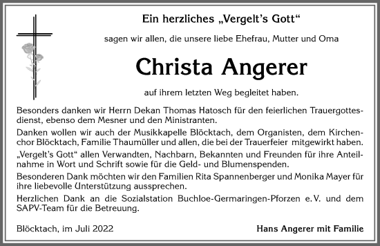 Traueranzeige von Christa Angerer von Allgäuer Zeitung, Kaufbeuren/Buchloe
