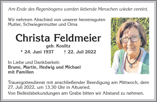 Traueranzeige von Christa Feldmeier von Allgäuer Zeitung,Kempten