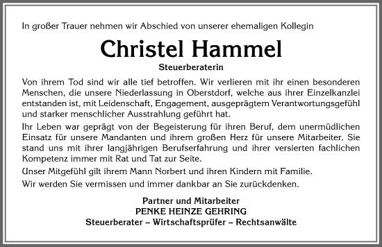 Traueranzeige von Christel Hammel von Allgäuer Anzeigeblatt