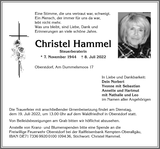 Traueranzeige von Christel Hammel von Allgäuer Anzeigeblatt