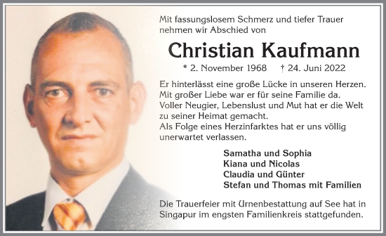 Traueranzeige von Christian Kaufmann von Allgäuer Zeitung, Kaufbeuren/Buchloe