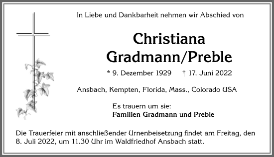 Traueranzeige von Christiana GradmannPreble von Allgäuer Anzeigeblatt