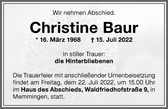 Traueranzeige von Christine Baur von Memminger Zeitung