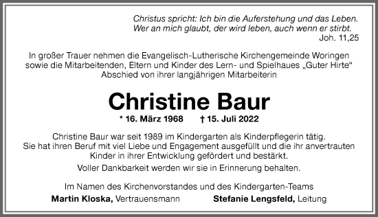 Traueranzeige von Christine Baur von Memminger Zeitung