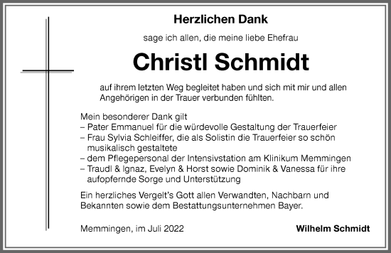 Traueranzeige von Christl Schmidt von Memminger Zeitung