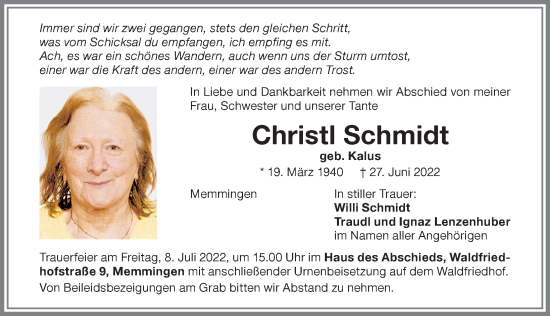 Traueranzeige von Christl Schmidt von Memminger Zeitung