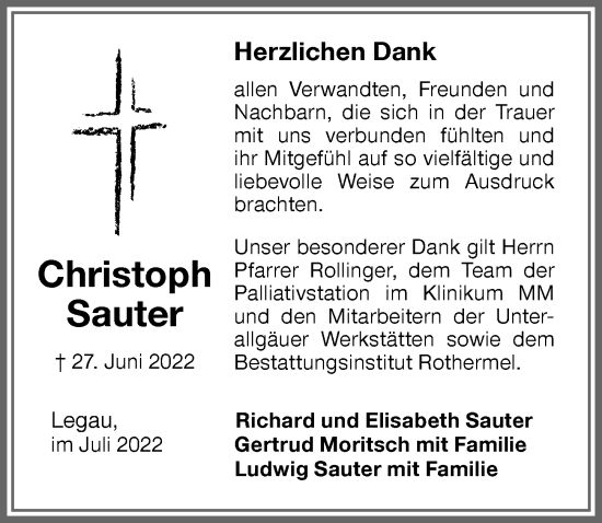 Traueranzeige von Christoph Sauter von Memminger Zeitung
