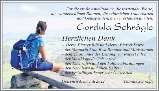 Traueranzeige von Cordula Schrägle von Allgäuer Zeitung, Marktoberdorf
