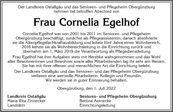 Traueranzeige von Cornelia Egelhof von Allgäuer Zeitung, Kaufbeuren/Buchloe