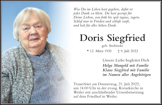 Traueranzeige von Doris Siegfried von Der Westallgäuer