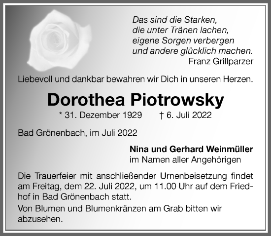 Traueranzeige von Dorothea Piotrowsky von Memminger Zeitung