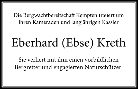 Traueranzeige von Eberhard Kreth von Allgäuer Zeitung,Kempten