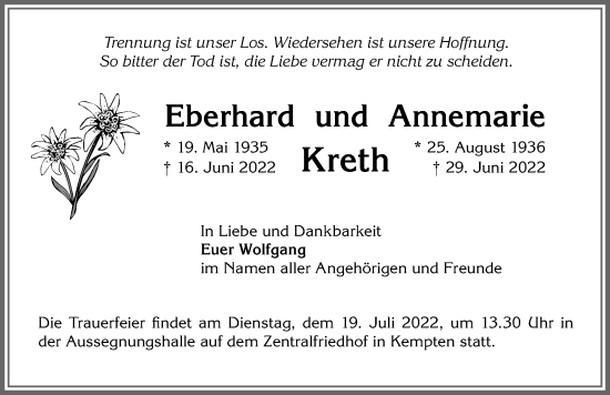 Traueranzeige von Eberhard Kreth von Allgäuer Zeitung,Kempten