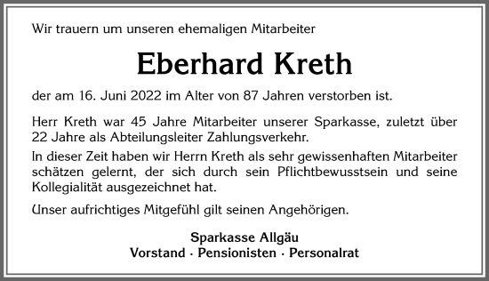 Traueranzeige von Eberhard Kreth von Allgäuer Zeitung,Kempten