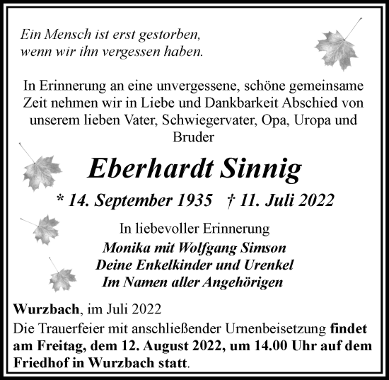 Traueranzeige von Eberhardt Sinnig von Allgäuer Zeitung, Kaufbeuren/Buchloe
