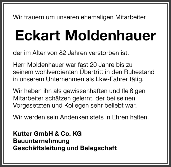 Traueranzeige von Eckart Moldenhauer von Memminger Zeitung
