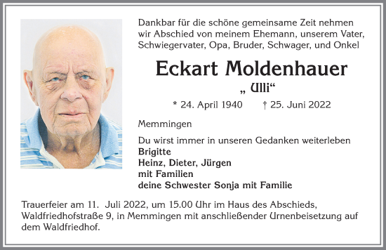 Traueranzeige von Eckart Moldenhauer von Memminger Zeitung