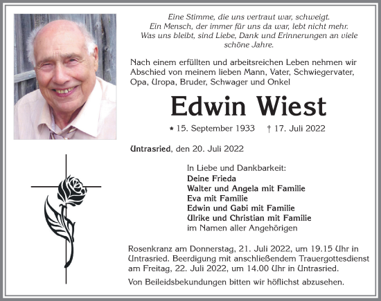 Traueranzeige von Edwin Wiest von Allgäuer Zeitung, Marktoberdorf