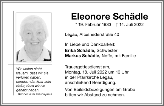 Traueranzeige von Eleonore Schädle von Memminger Zeitung
