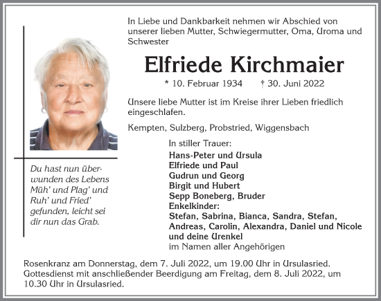 Traueranzeige von Elfriede Kirchmaier von Allgäuer Zeitung,Kempten