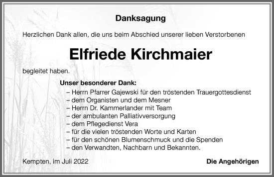 Traueranzeige von Elfriede Kirchmaier von Allgäuer Zeitung,Kempten