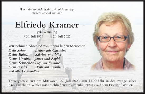 Traueranzeige von Elfriede Kramer von Der Westallgäuer