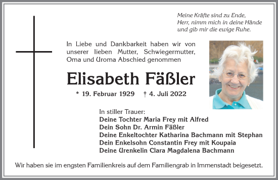 Traueranzeige von Elisabeth Fäßler von Allgäuer Anzeigeblatt