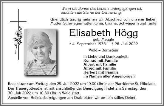 Traueranzeige von Elisabeth Högg von Allgäuer Zeitung, Marktoberdorf