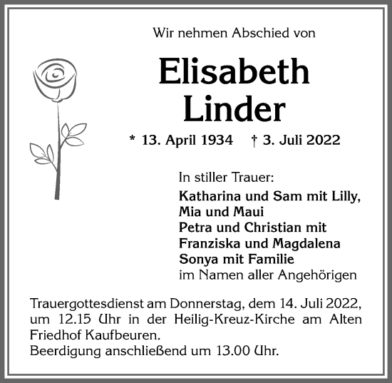 Traueranzeige von Elisabeth Linder von Allgäuer Zeitung, Kaufbeuren/Buchloe